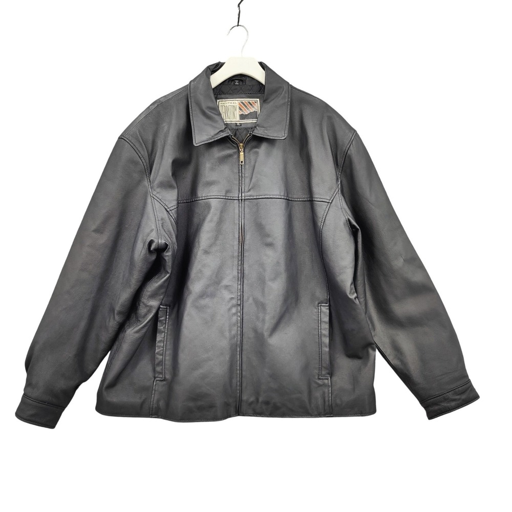 Neutral Territory Vntg Mens 90s Leather Bomber Zip Jacket XL Black Quilted Liner